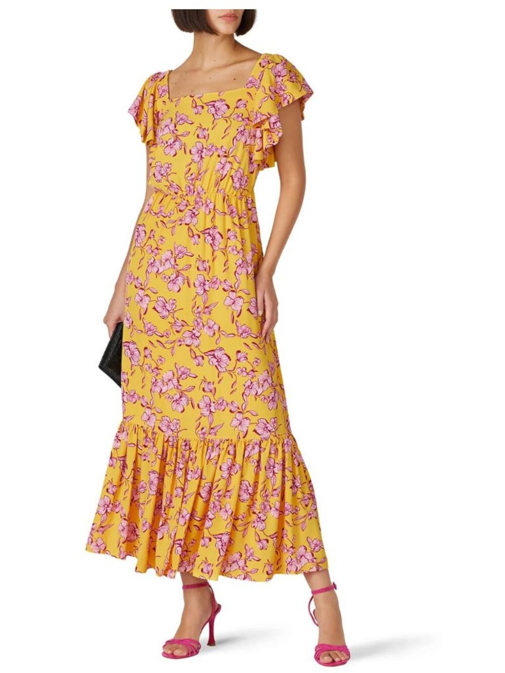 Sachin + Babi Yellow Flutter Sleeve Floral Dress Yellow Pink Spring Summer US 6